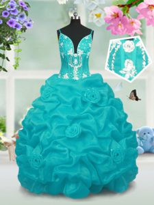 Floor Length Lace Up Kids Pageant Dress Baby Blue for Party and Wedding Party with Beading and Pick Ups