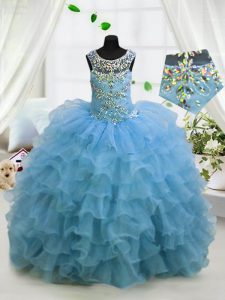 Baby Blue Ball Gowns Organza Scoop Sleeveless Beading and Ruffled Layers Floor Length Lace Up Pageant Dress Womens