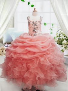 High Class Peach Ball Gowns Beading and Ruffles and Pick Ups Little Girls Pageant Dress Wholesale Zipper Organza Sleeveless Floor Length