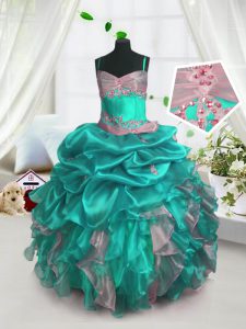 Beauteous Turquoise Pageant Dress Toddler Party and Wedding Party and For with Beading and Ruffles and Pick Ups Spaghetti Straps Sleeveless Lace Up