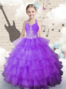 Perfect Lavender Ball Gowns Organza Halter Top Sleeveless Beading and Ruffled Layers Floor Length Lace Up High School Pageant Dress