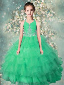Teal Ball Gowns Organza Halter Top Sleeveless Beading and Ruffles Floor Length Zipper Pageant Dress for Teens