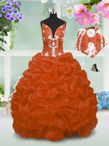 Orange Ball Gowns Beading and Pick Ups Child Pageant Dress Lace Up Taffeta Sleeveless Floor Length