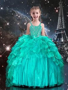Great Aqua Blue Spaghetti Straps Neckline Beading and Ruffles High School Pageant Dress Sleeveless Lace Up