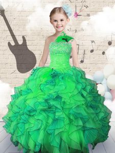 Organza One Shoulder Sleeveless Lace Up Beading and Ruffles Little Girls Pageant Dress in Green