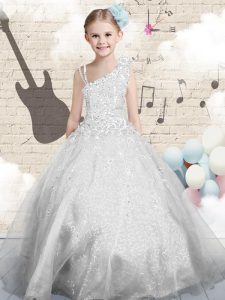 Nice Silver Asymmetric Lace Up Beading and Appliques and Hand Made Flower Little Girl Pageant Dress Sleeveless