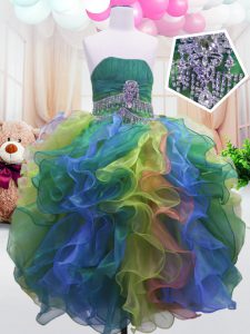 Inexpensive Multi-color Strapless Zipper Beading and Ruffles Kids Pageant Dress Sleeveless