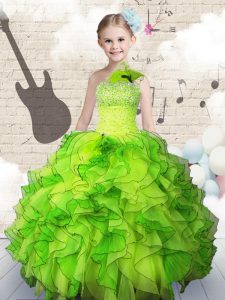 Popular One Shoulder Sleeveless Organza Floor Length Lace Up Little Girls Pageant Dress in with Beading and Ruffles