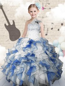 One Shoulder Blue And White Ball Gowns Beading and Ruffles Pageant Dress Lace Up Organza Sleeveless Floor Length
