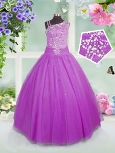 Exquisite Floor Length Lilac Girls Pageant Dresses Tulle Sleeveless Beading