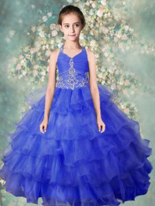 Custom Design Baby Blue Ball Gowns Organza Halter Top Sleeveless Beading and Ruffled Layers Floor Length Zipper Girls Pageant Dresses