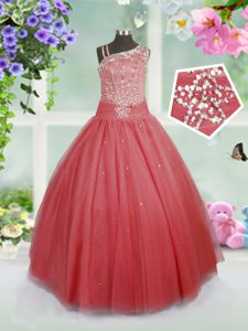 Watermelon Red Side Zipper Asymmetric Beading High School Pageant Dress Tulle Sleeveless