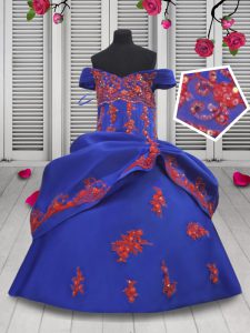 Off the Shoulder Beading and Appliques Pageant Dress Wholesale Royal Blue Lace Up Sleeveless Floor Length