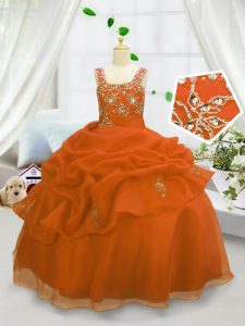 Pick Ups Floor Length Ball Gowns Sleeveless Orange Pageant Gowns Lace Up
