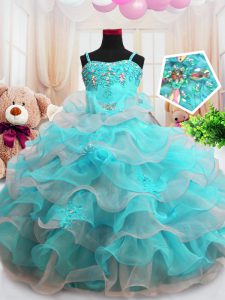 Aqua Blue Spaghetti Straps Zipper Beading and Ruffled Layers Little Girls Pageant Gowns Sleeveless
