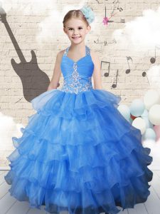 Exquisite Halter Top Light Blue Organza Lace Up Kids Formal Wear Sleeveless Floor Length Beading and Ruffled Layers