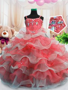 Red Spaghetti Straps Zipper Beading and Ruffled Layers Winning Pageant Gowns Sleeveless