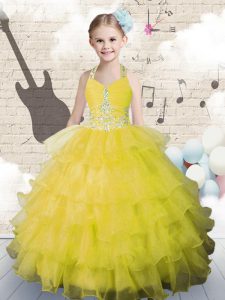 Modern Halter Top Sleeveless Pageant Dress Toddler Floor Length Beading and Ruffled Layers Yellow Green Organza