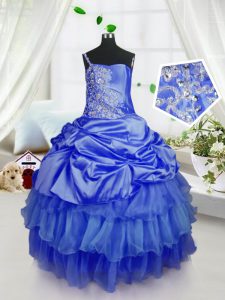 Modern Royal Blue Lace Up Pageant Dress for Teens Beading and Ruffled Layers and Pick Ups Sleeveless Floor Length