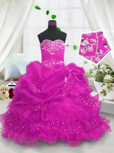 Fuchsia Ball Gowns Organza Sweetheart Sleeveless Beading and Ruffled Layers and Pick Ups Floor Length Lace Up Pageant Dress for Womens