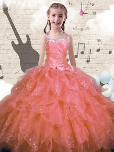 Halter Top Pink Lace Up Girls Pageant Dresses Beading and Ruffles Sleeveless Floor Length