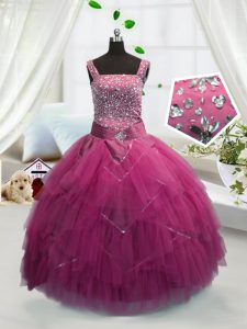 Rose Pink Ball Gowns Tulle Straps Sleeveless Beading and Ruffles Floor Length Lace Up Pageant Dress for Teens