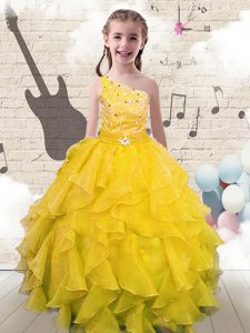 One Shoulder Sleeveless Organza Floor Length Lace Up Little Girls Pageant Gowns in Yellow with Beading and Ruffles