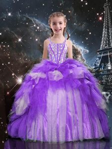 Purple Lace Up Pageant Dresses Beading and Ruffles Sleeveless Floor Length