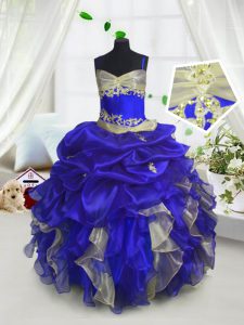 Royal Blue Sleeveless Beading and Ruffles and Pick Ups Floor Length Pageant Dress
