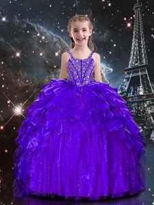 Sleeveless Organza Floor Length Lace Up Pageant Dress for Womens in Dark Purple with Beading and Ruffles