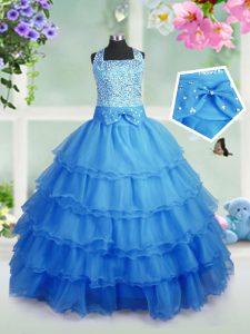 Ruffled Ball Gowns Pageant Dress Wholesale Baby Blue Square Organza Sleeveless Floor Length Zipper