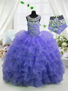 Scoop Sleeveless Lace Up Floor Length Beading and Ruffled Layers Girls Pageant Dresses