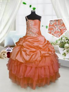 Hot Selling One Shoulder Orange Lace Up Little Girl Pageant Dress Beading and Ruffled Layers and Pick Ups Sleeveless Floor Length