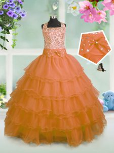 Simple Sleeveless Organza Floor Length Zipper Pageant Dress for Teens in Orange with Beading and Ruffled Layers and Bowknot