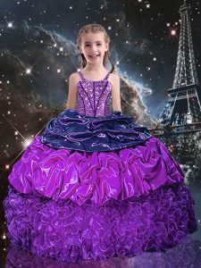 Eggplant Purple Sleeveless Beading and Ruffles and Pick Ups Floor Length Pageant Dress for Teens