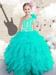 Wonderful Ball Gowns Pageant Gowns Aqua Blue One Shoulder Organza Sleeveless Floor Length Lace Up
