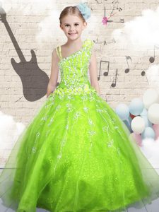 Floor Length Lace Up Little Girl Pageant Gowns Apple Green for Party and Wedding Party with Beading and Appliques and Hand Made Flower