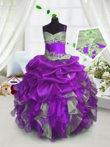 Enchanting Floor Length Lavender Pageant Dress Womens Organza Sleeveless Beading and Ruffles and Pick Ups