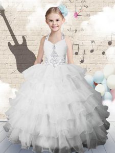Admirable Ruffled Ball Gowns Winning Pageant Gowns White Halter Top Organza Sleeveless Floor Length Lace Up