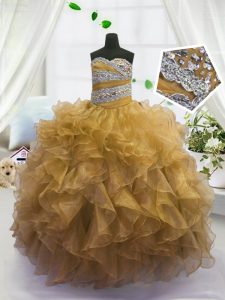 Gold Sleeveless Floor Length Beading and Ruffles Lace Up Pageant Gowns
