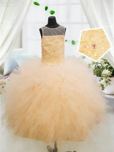 Scoop Floor Length Zipper Little Girls Pageant Dress Wholesale Orange for Party and Wedding Party with Beading and Appliques