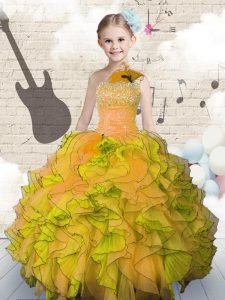 Orange Ball Gowns Strapless Sleeveless Organza Floor Length Lace Up Beading and Ruffles Kids Pageant Dress