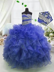 Blue Ball Gowns Beading and Ruffles Pageant Dresses Lace Up Organza Sleeveless Floor Length