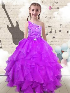 Elegant One Shoulder Fuchsia Organza Lace Up Pageant Dress for Teens Sleeveless Floor Length Beading and Ruffles