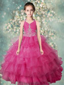 Halter Top Organza Sleeveless Floor Length High School Pageant Dress and Beading and Ruffled Layers