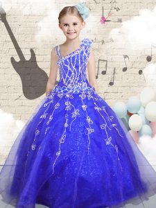 Gorgeous Floor Length Lace Up Evening Gowns Blue for Party and Wedding Party with Beading and Appliques and Hand Made Flower