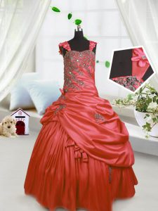 Admirable Watermelon Red Satin Lace Up Straps Sleeveless Floor Length Custom Made Pageant Dress Beading and Pick Ups
