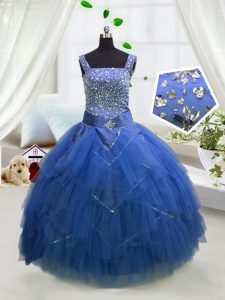 On Sale Tulle Straps Sleeveless Lace Up Beading and Ruffles Pageant Dress for Teens in Royal Blue