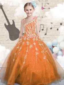 Low Price Orange Sleeveless Appliques Floor Length Pageant Dress for Womens