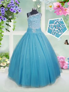 Asymmetric Sleeveless Side Zipper Evening Gowns Teal Tulle